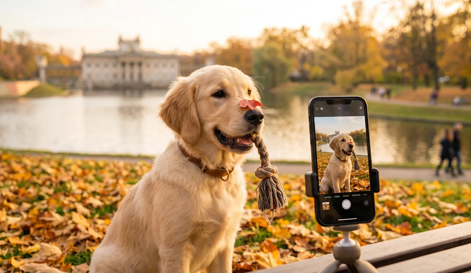 A golden retriever with a red leaf on his nose, sitting in fallen autumn leaves while a phone on a small tripod takes his photo in a riverside park