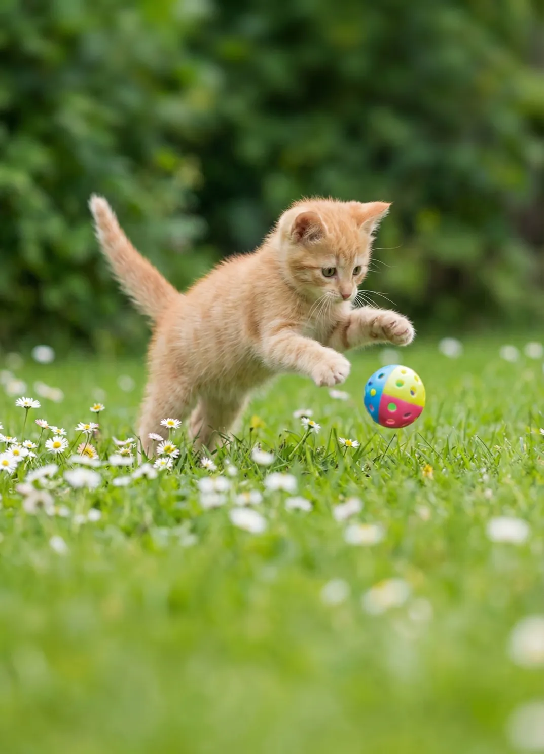 Ginger kitten playing with a ball in a flower garden